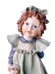 Cute clay doll close-up on white background