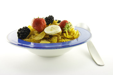 Cornflakes and Fruit in a Blue Bowl with Spoon