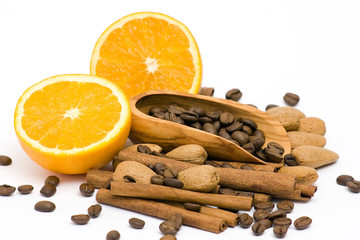 orange, coffee, cinnamon and almonds