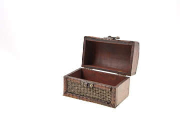 opened wooden and metal old brown casket without treasures