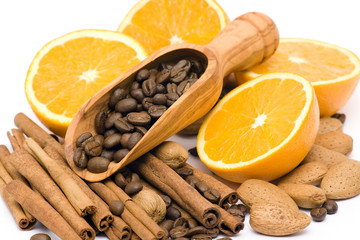 orange, coffee, cinnamon and almonds