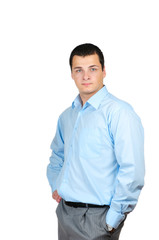 Happy business man standing over white background