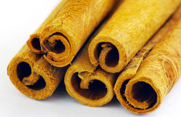 Close up of cinnamon sticks on the white background
