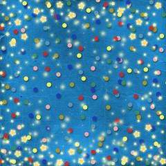 Blue cheerful background with multicolored confetti and stars