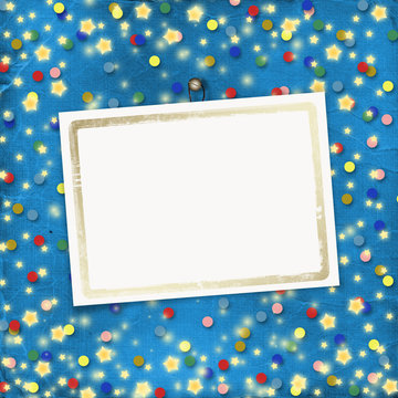 Blue cheerful background with multicolored confetti and stars