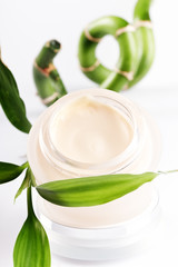 Pot of moisturizing face cream with green bamboo leaf