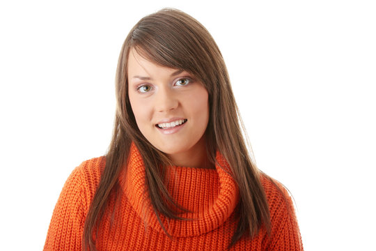 Teen Woman In Orange Sweater