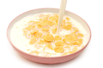 Corn flakes in bowl with milk