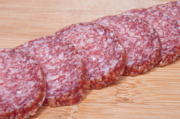 Food background of sliced salami