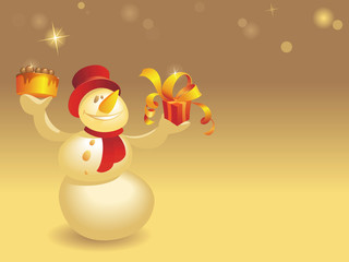 Snowman with cake and gift on gold