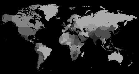 Fototapeta na wymiar Greyscale World map on black background