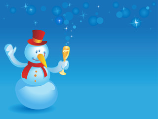 Snowman with wineglass on blue