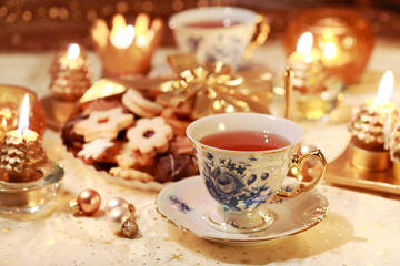 Hot tea with sweet cookies