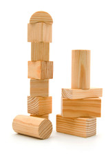 Wooden building blocks over white background