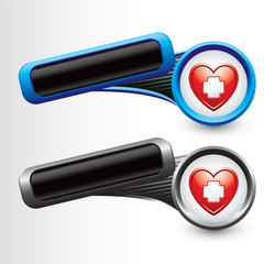 First aid icon in heart on tilted blue and gray banners