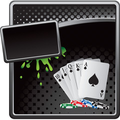 Playing cards and chips on black halftone advertisement