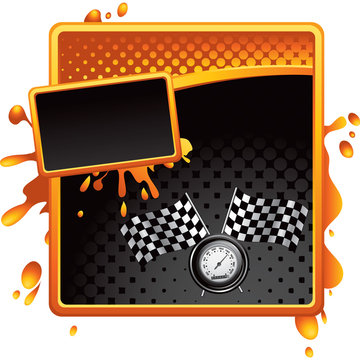 Racing flags and speedometer on orange and black halftone ad