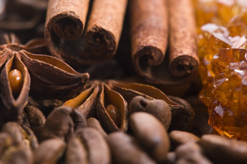 aroma coffe. ingredients. coffe beens, anise, cinnamon, sugar