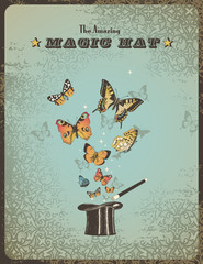 magic poster with top hat, wand and colorful butterflies
