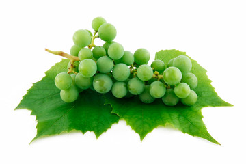 Bunch of Ripe Green Grapes with Leaf Isolated on White