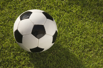 Fototapeta premium Close up of a Black and white leather Football on grass