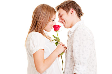 woman with rose and smiley man