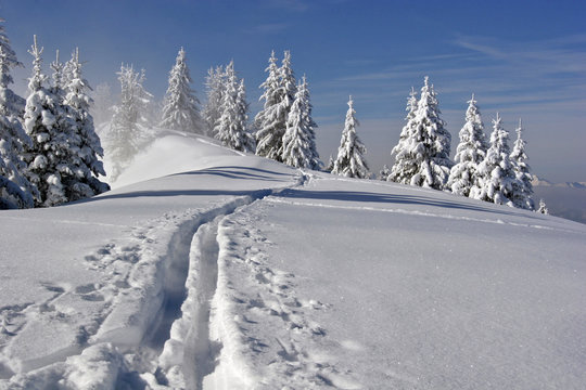 fresh trail in the snow on a mountain slope in Bavaria