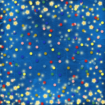 Blue cheerful background with multicolored confetti and stars