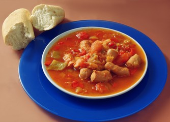 sausages with papricas,onions and toatoes