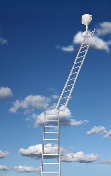 Ladders reaching prize trophy on a cloud