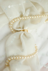 Two golden wedding rings on bridal veil