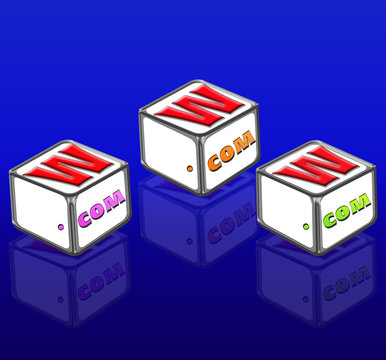 Three letter blocks spelling www and com on blue background