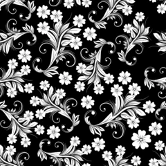 Door stickers Flowers black and white seamless floral background