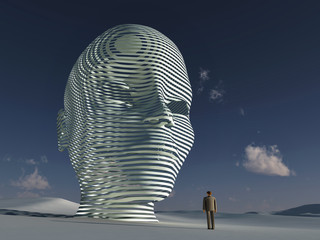 lonely man standing before big mystical head