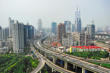 Obraz premium China Shanghai yan an road and city skyline