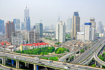 Fototapeta premium China Shanghai yan an road and city skyline