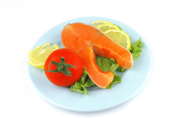 salmon steak on blue dish