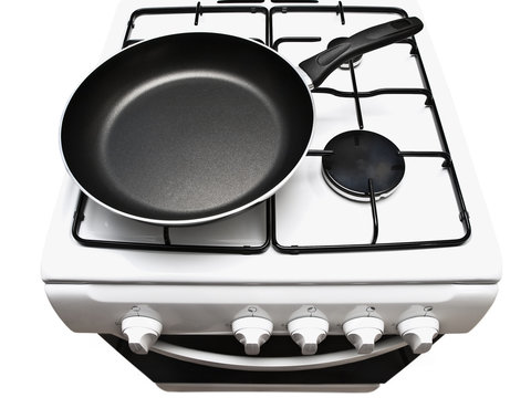 frying pan at the gas stove