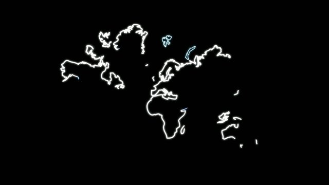 White glowing continent lines animation black background
