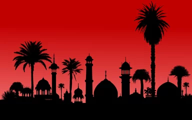 Poster very detailed vector indian monument and palm trees silhouettes © Isaxar