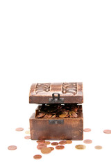 A wooden ancient chest full of money..