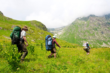 Hiker in Caucasus mountains