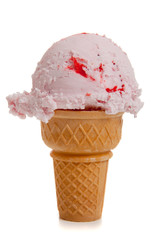 Strawberry ice cream cone on white
