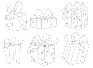 Dessin au trait noir sur fond blanc de paquets cadeaux à colorie