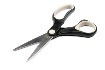 Black office scissors isolated on white background.