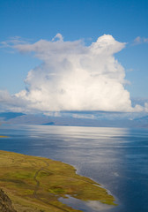 Reflection of white clouds in the blue water