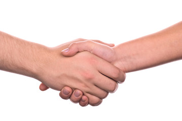 Shaking hands close up shot isolated on white