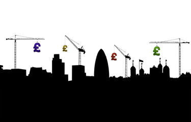 London skyline with cranes and pounds