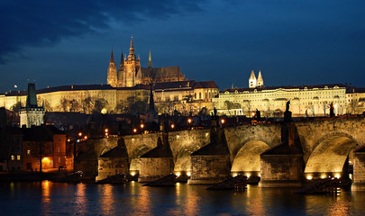 Charles bridge and Prague castle night panorama