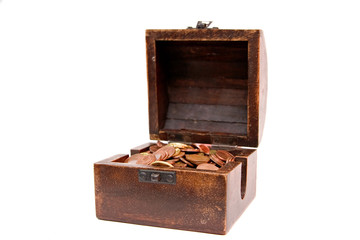 A wooden ancient chest full of money..